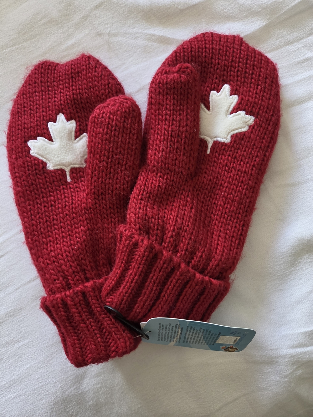 Red Knit Mittens, White Maple Leaf - Adult's Winter Gloves